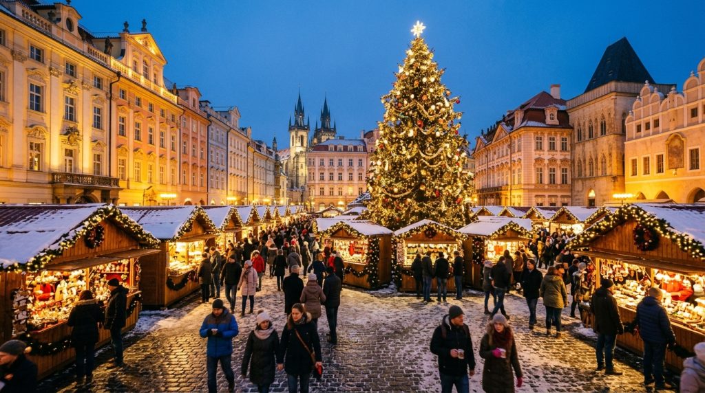 Place d'une vieille ville européenne avec marché de Noël illuminé au crépuscule