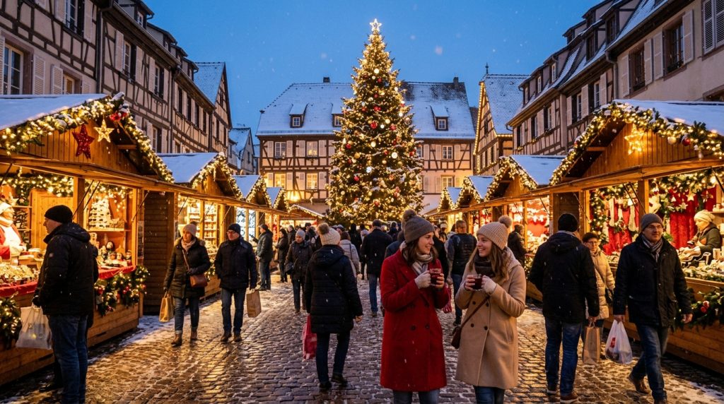Allée de chalets en bois illuminés dans un marché de Noël français au crépuscule