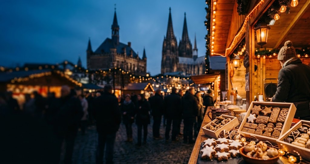 Illustration générée : ambiance d’un chalet du marché de Noël d’Aix-la-Chapelle (image non contractuelle)
