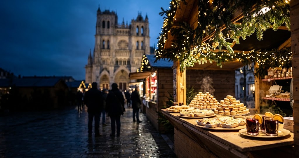 Illustration générée : ambiance d’un chalet du marché de Noël d’Amiens (image non contractuelle)
