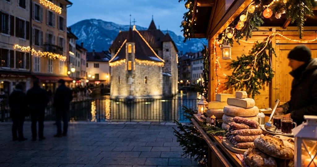 Illustration générée : ambiance d’un chalet du marché de Noël d’Annecy (image non contractuelle)