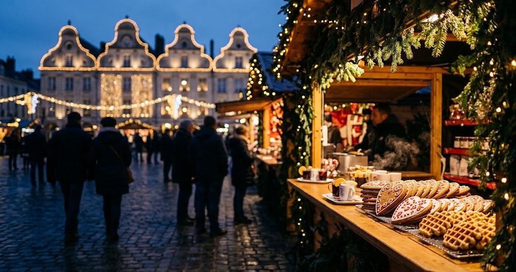 Illustration générée : ambiance d’un chalet du marché de Noël d’Arras (image non contractuelle)