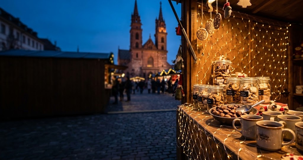 Illustration générée : ambiance d’un chalet du marché de Noël de Bâle (image non contractuelle)