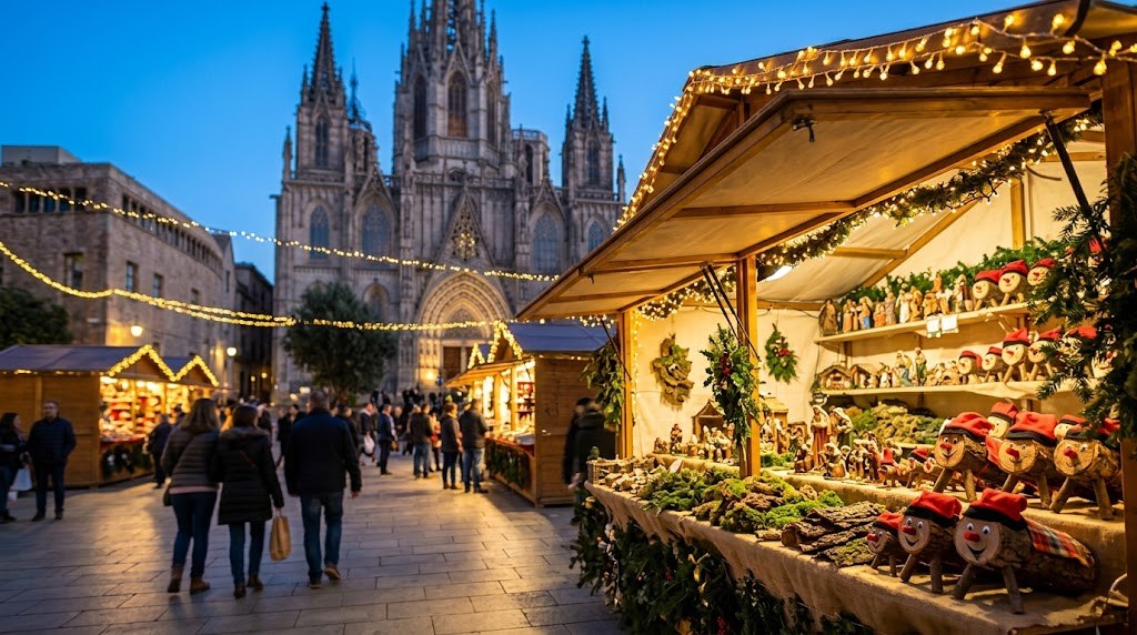 Illustration générée : ambiance d’un chalet du marché de Noël de Barcelone (image non contractuelle)