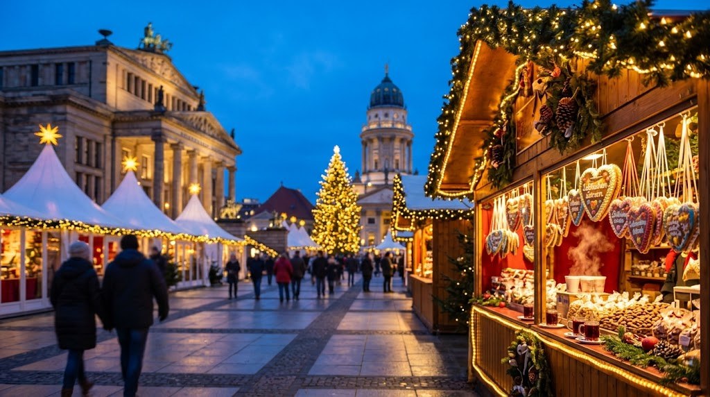 Illustration générée : ambiance d’un chalet du marché de Noël de Berlin (image non contractuelle)