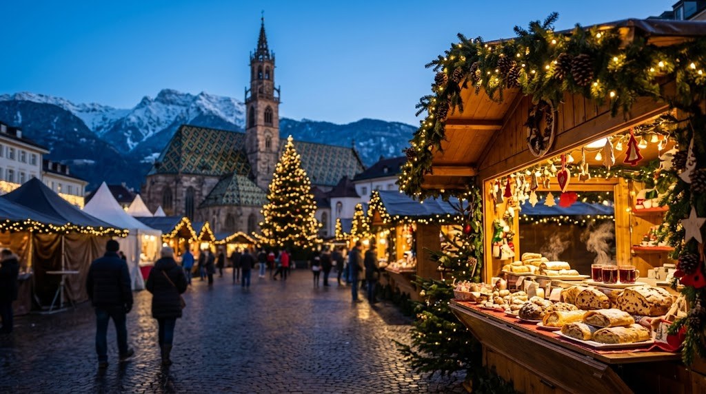 Illustration générée : ambiance d’un chalet du marché de Noël de Bolzano (image non contractuelle)