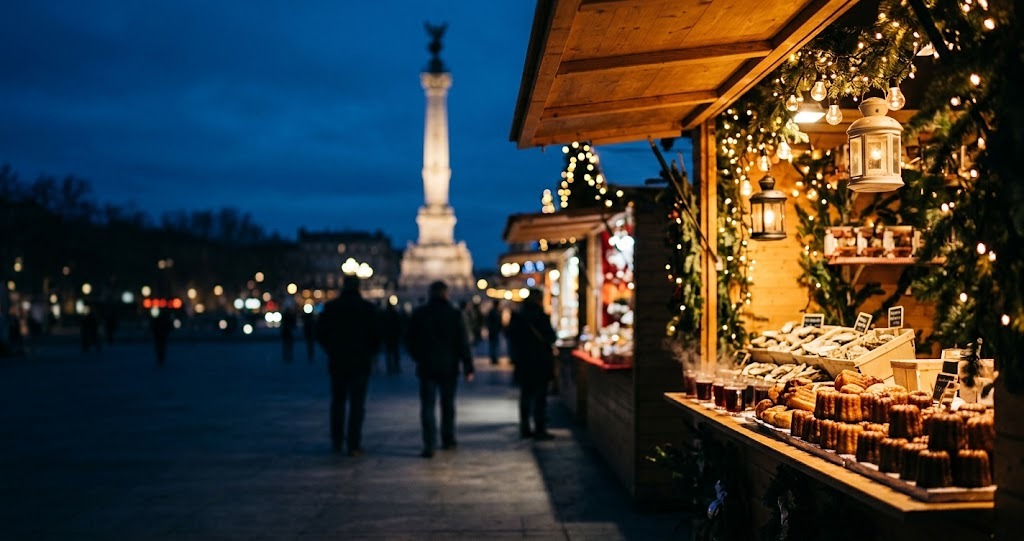 Illustration générée : ambiance d’un chalet du marché de Noël de Bordeaux (image non contractuelle)