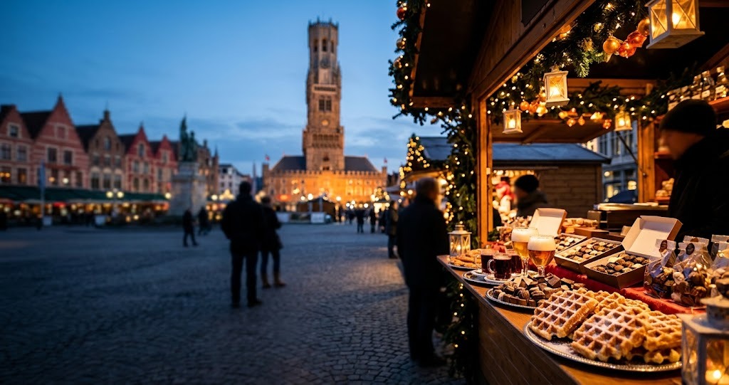 Illustration générée : ambiance d’un chalet du marché de Noël de Bruges (image non contractuelle)