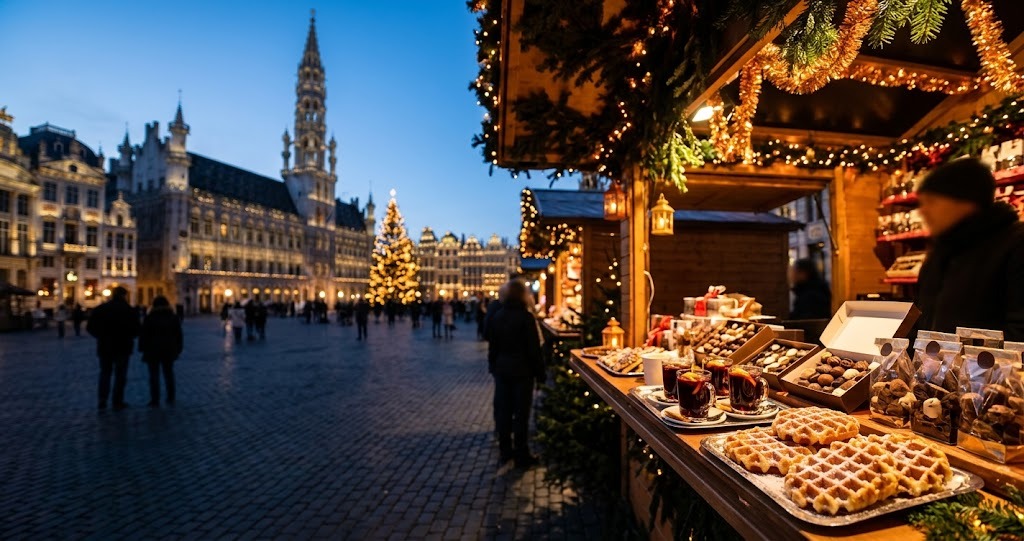 Illustration générée : ambiance d’un chalet du marché de Noël de Bruxelles (image non contractuelle)