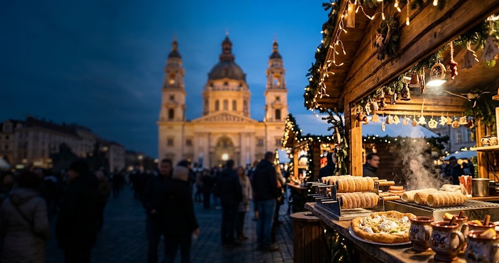 Illustration générée : ambiance d’un chalet du marché de Noël de Budapest (image non contractuelle)