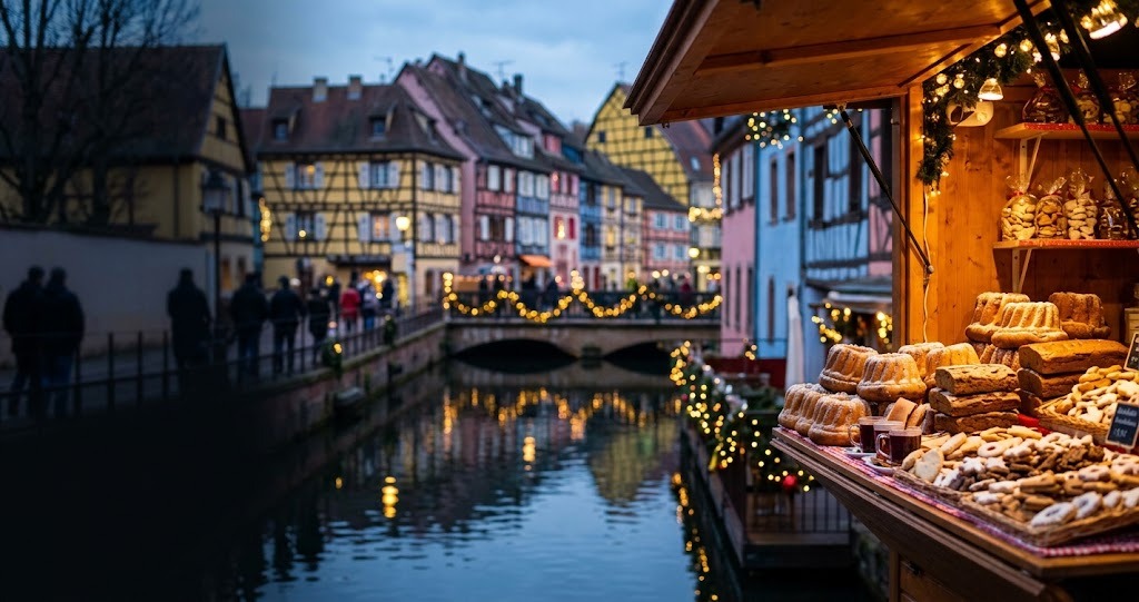 Illustration générée : ambiance d’un chalet du marché de Noël de Colmar (image non contractuelle)