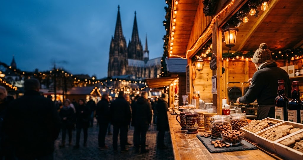 Illustration générée : ambiance d’un chalet du marché de Noël de Cologne (image non contractuelle)