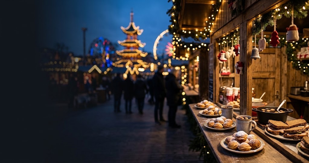 Illustration générée : ambiance d’un chalet du marché de Noël de Copenhague (image non contractuelle)