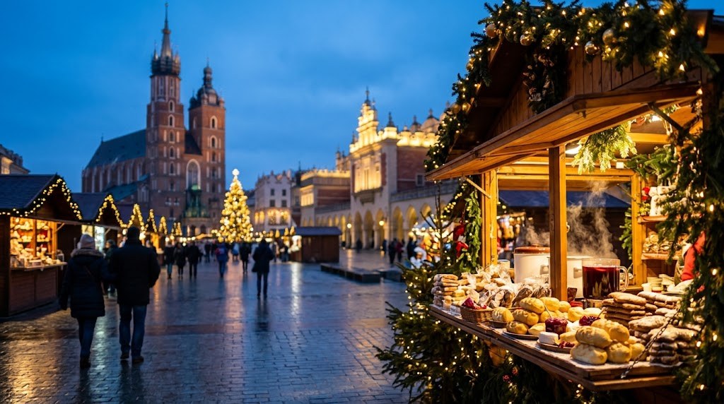 Illustration générée : ambiance d’un chalet du marché de Noël de Cracovie (image non contractuelle)
