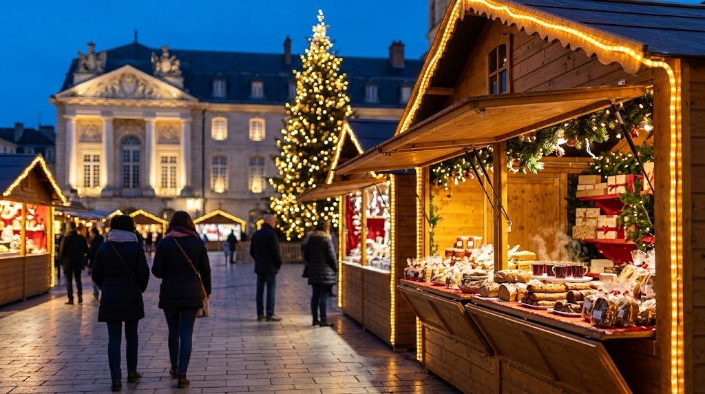 Illustration générée : ambiance d’un chalet du marché de Noël de Dijon (image non contractuelle)