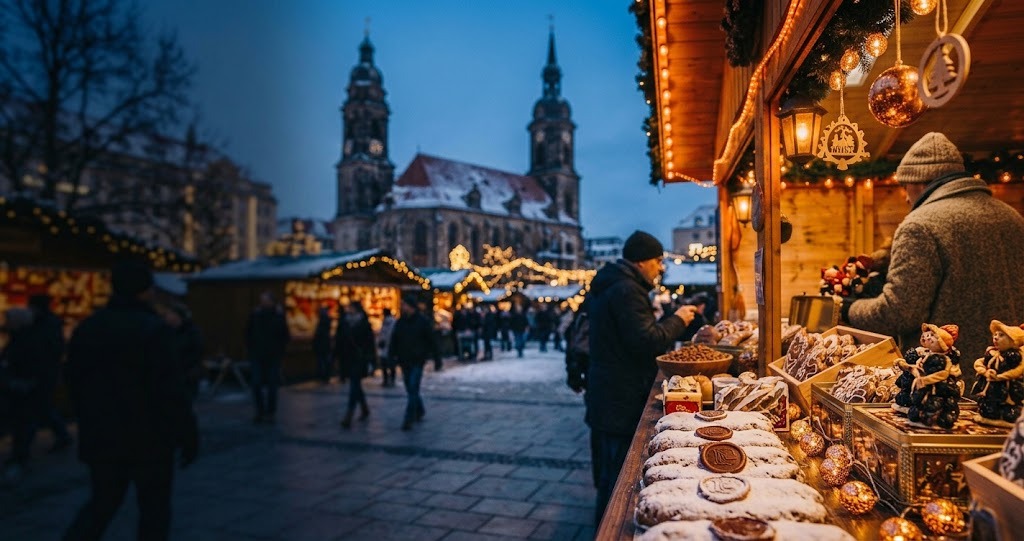 Illustration générée : ambiance d’un chalet du marché de Noël de Dresde (image non contractuelle)