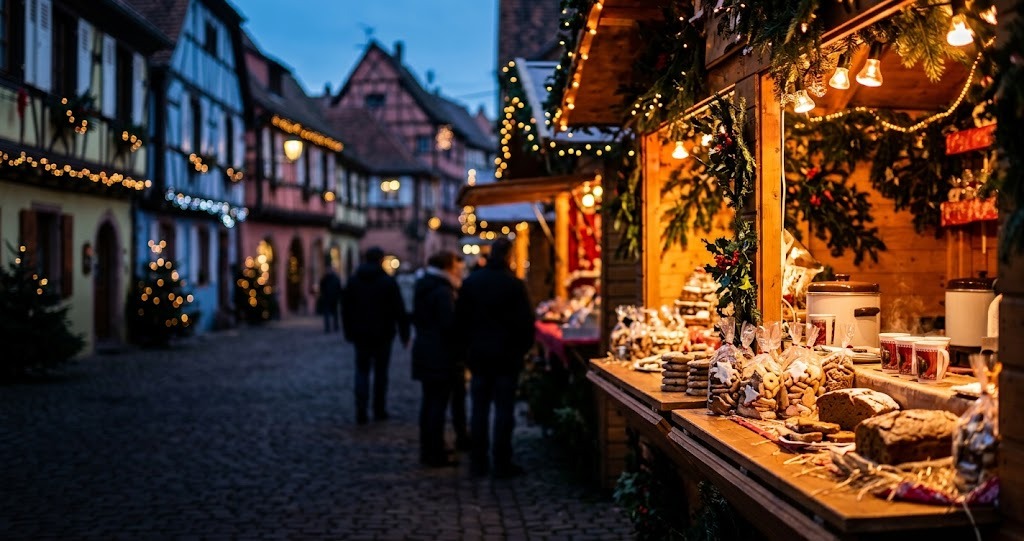 Illustration générée : ambiance d’un chalet du marché de Noël d’Eguisheim (image non contractuelle)