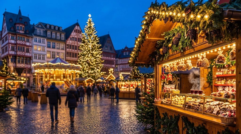 Illustration générée : ambiance d’un chalet du marché de Noël de Francfort (image non contractuelle)