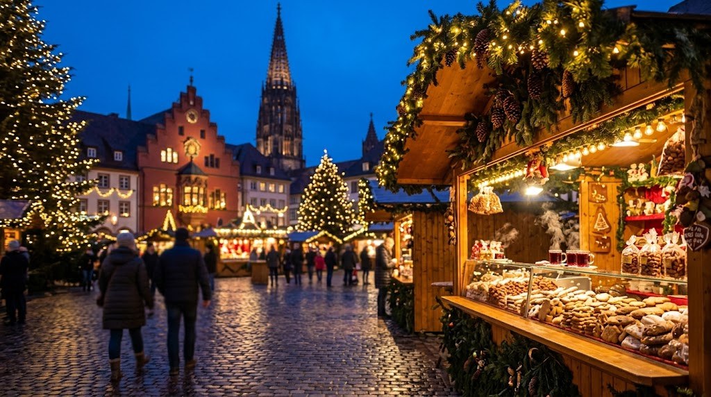Illustration générée : ambiance d’un chalet du marché de Noël de Fribourg-en-Brisgau (image non contractuelle)