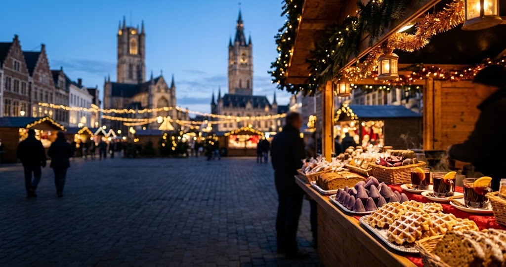 Illustration générée : ambiance d’un chalet du marché de Noël de Gand (image non contractuelle)