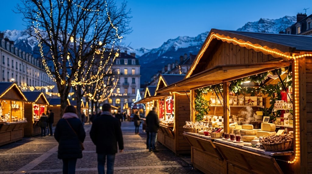 Illustration générée : ambiance d’un chalet du marché de Noël de Grenoble (image non contractuelle)