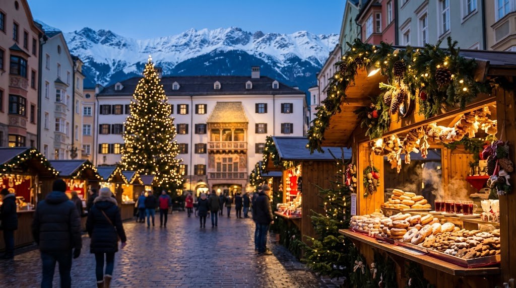 Illustration générée : ambiance d’un chalet du marché de Noël d’Innsbruck (image non contractuelle)