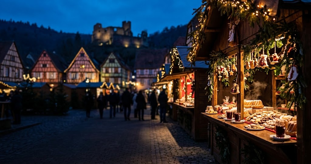Illustration générée : ambiance d’un chalet du marché de Noël de Kaysersberg (image non contractuelle)