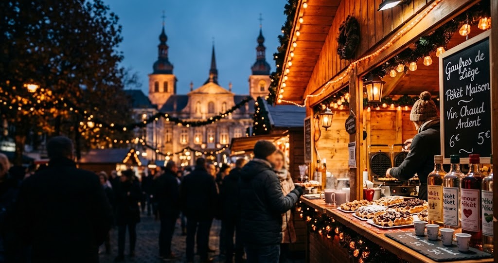 Illustration générée : ambiance d’un chalet du marché de Noël de Liège (image non contractuelle)