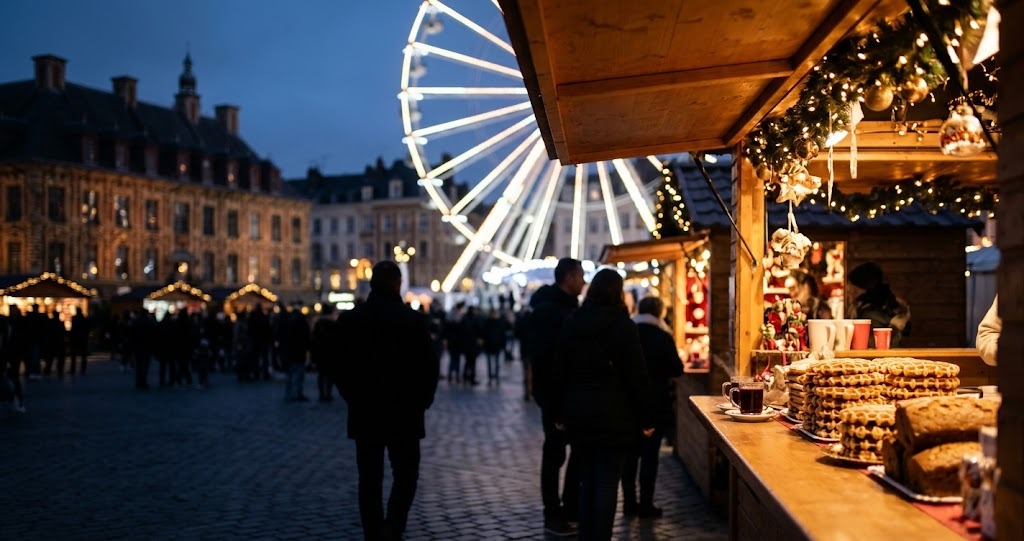 Illustration générée : ambiance d’un chalet du marché de Noël de Lille (image non contractuelle)