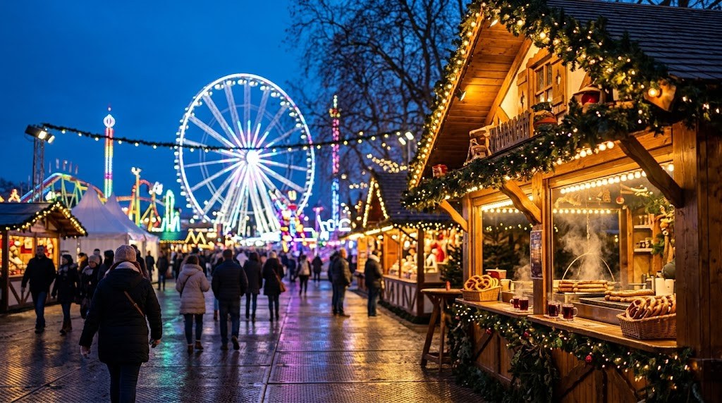 Illustration générée : ambiance d’un chalet du marché de Noël de Londres (image non contractuelle)