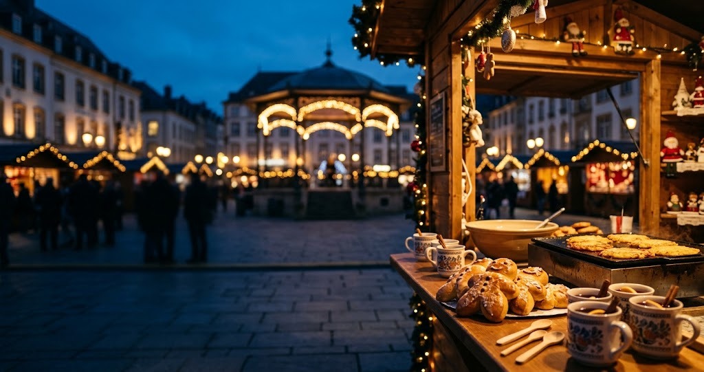 Illustration générée : ambiance d’un chalet du marché de Noël de Luxembourg (image non contractuelle)