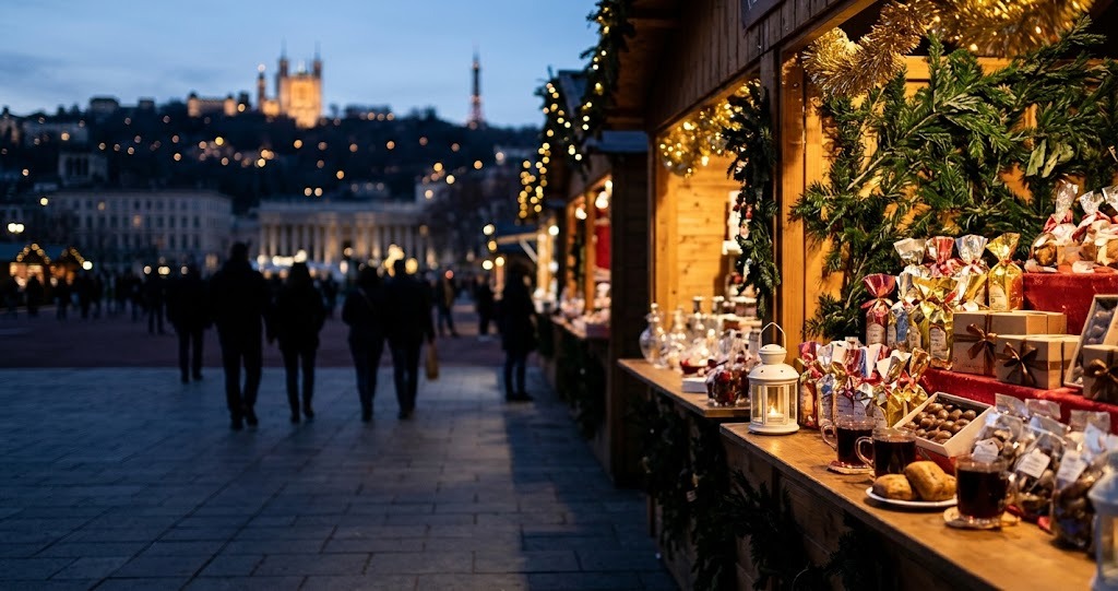 Illustration générée : ambiance d’un chalet du marché de Noël de Lyon (image non contractuelle)