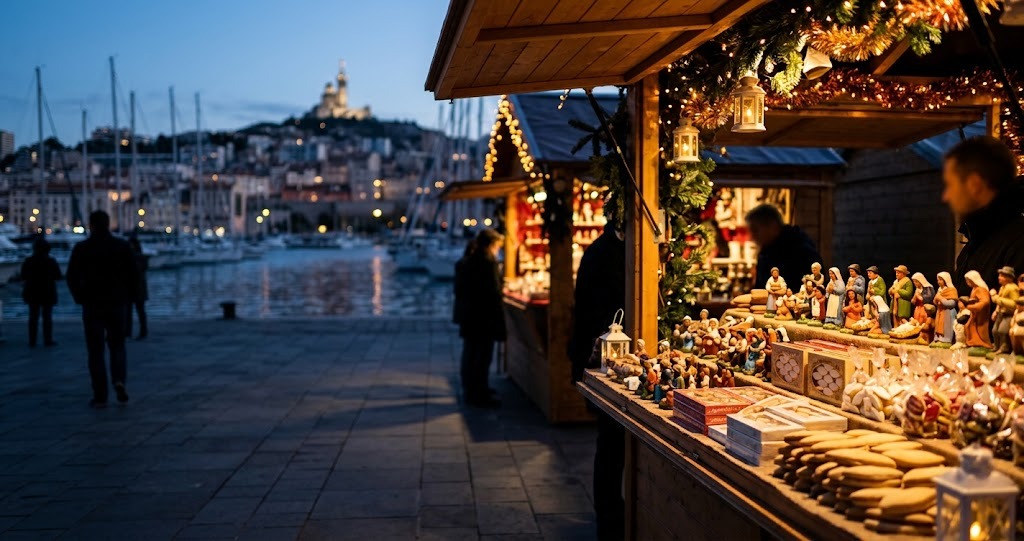 Illustration générée : ambiance d’un chalet du marché de Noël de Marseille (image non contractuelle)