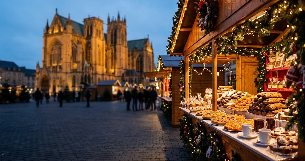 Illustration générée : ambiance d’un chalet du marché de Noël de Metz (image non contractuelle)