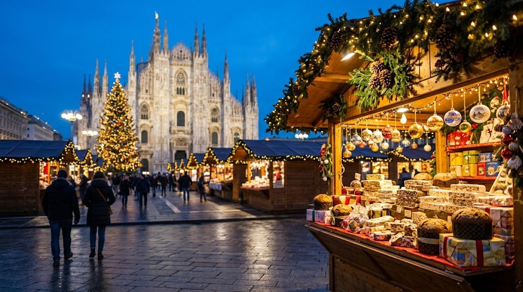 Illustration générée : ambiance d’un chalet du marché de Noël de Milan (image non contractuelle)