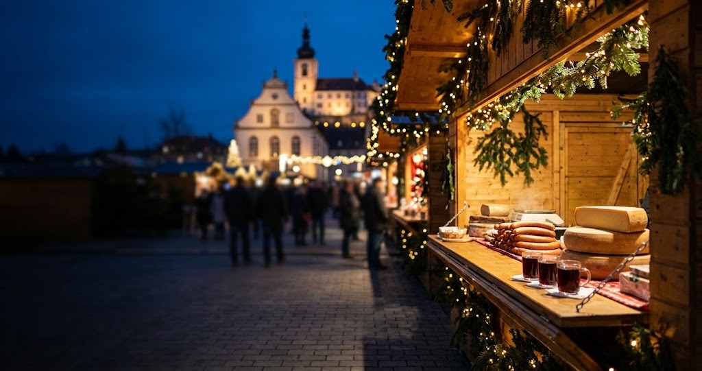 Illustration générée : ambiance d’un chalet du marché de Noël de Montbéliard (image non contractuelle)