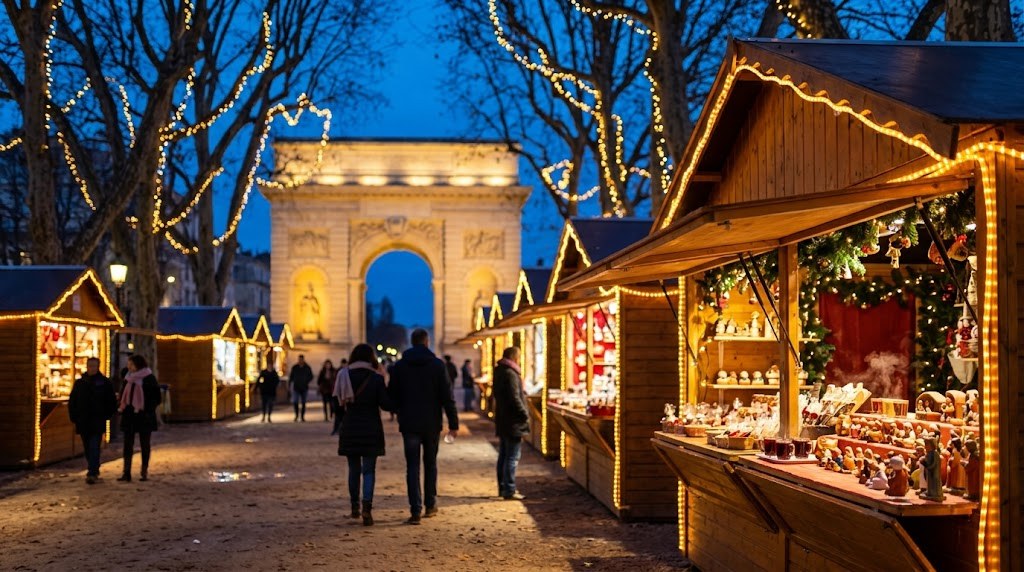 Illustration générée : ambiance d’un chalet du marché de Noël de Montpellier (image non contractuelle)