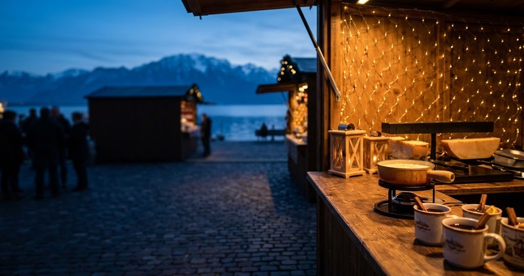 Illustration générée : ambiance d’un chalet du marché de Noël de Montreux (image non contractuelle)