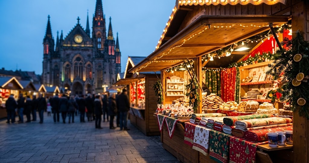 Illustration générée : ambiance d’un chalet du marché de Noël de Mulhouse (image non contractuelle)