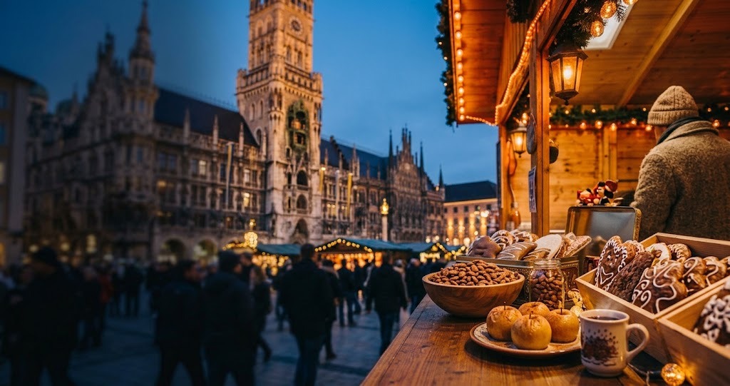Illustration générée : ambiance d’un chalet du marché de Noël de Munich (image non contractuelle)