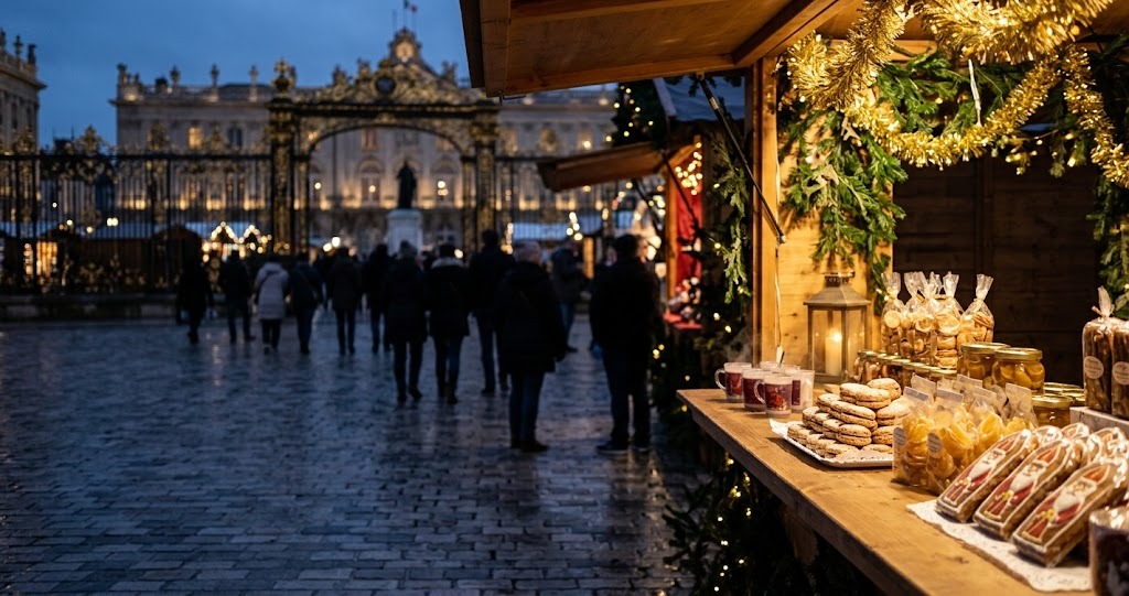 Illustration générée : ambiance d’un chalet du marché de Noël de Nancy (image non contractuelle)