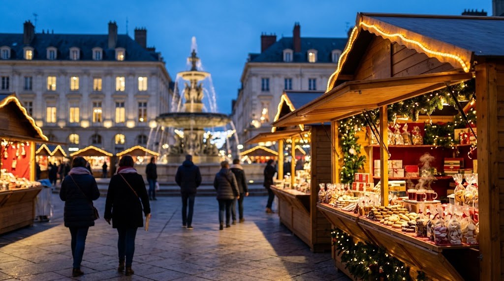 Illustration générée : ambiance d’un chalet du marché de Noël de Nantes (image non contractuelle)