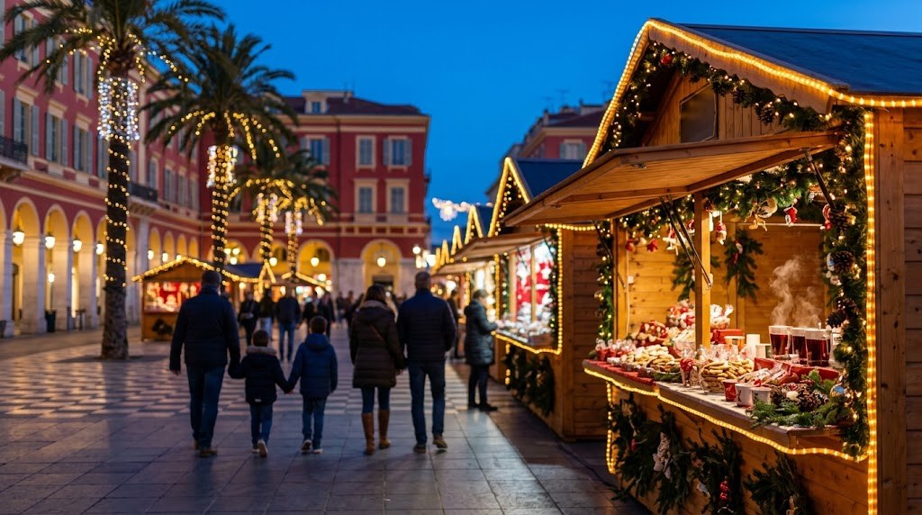 Illustration générée : ambiance d’un chalet du marché de Noël de Nice (image non contractuelle)