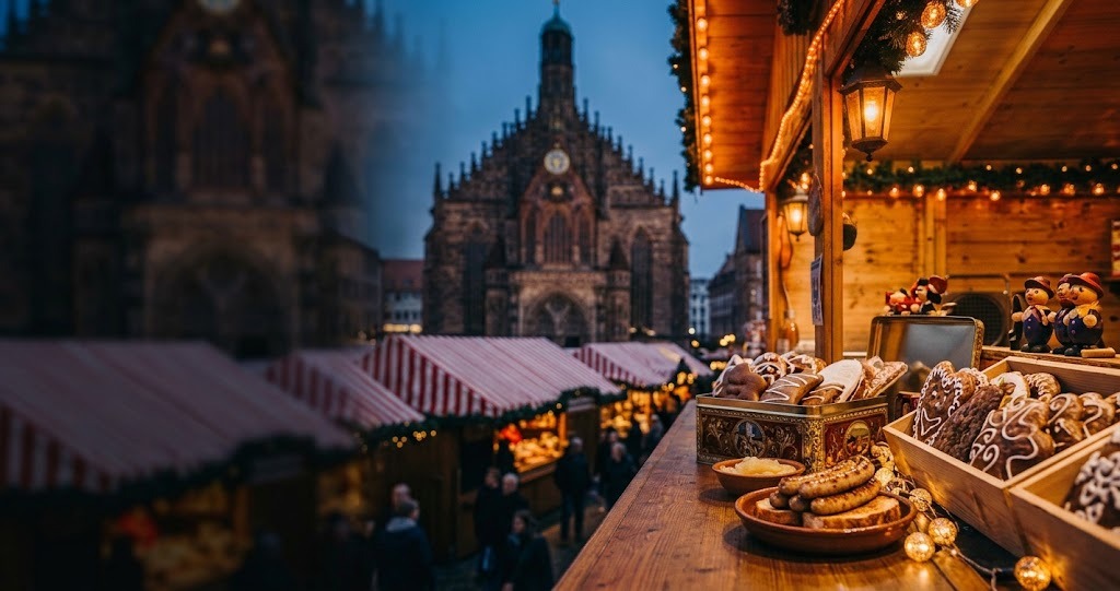 Illustration générée : ambiance d’un chalet du marché de Noël de Nuremberg (image non contractuelle)