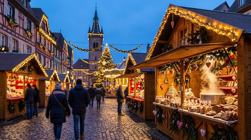 Illustration générée : ambiance d’un chalet du marché de Noël d’Obernai (image non contractuelle)