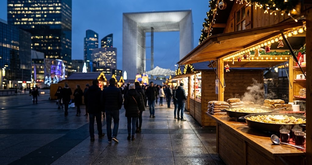 Illustration générée : ambiance d’un chalet du marché de Noël de La Défense (image non contractuelle)