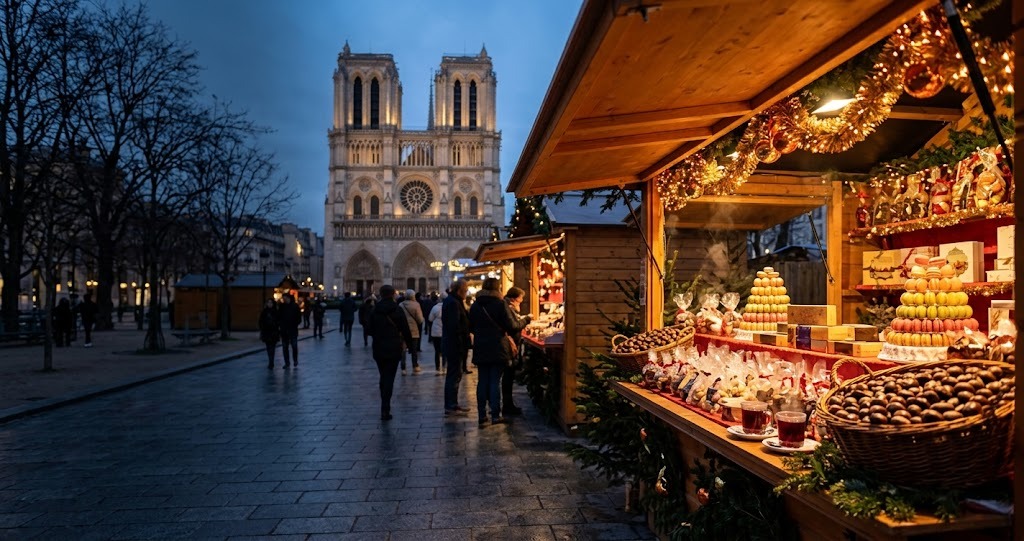 Illustration générée : ambiance d’un chalet du marché de Noël de Paris (image non contractuelle)