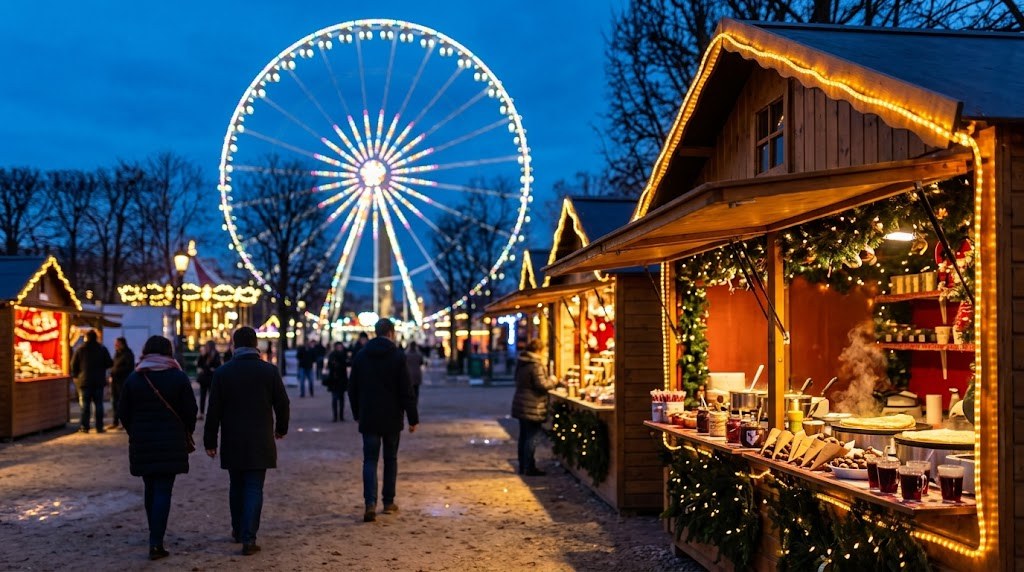 Illustration générée : ambiance d’un chalet du marché de Noël des Tuileries à Paris (image non contractuelle)