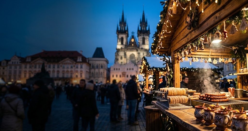 Illustration générée : ambiance d’un chalet du marché de Noël de Prague (image non contractuelle)