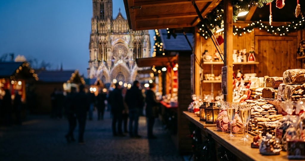 Illustration générée : ambiance d’un chalet du marché de Noël de Reims (image non contractuelle)